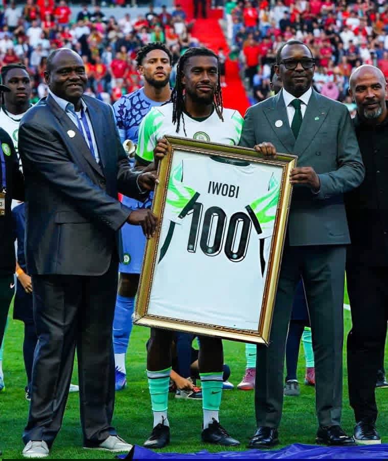 Dikko presents Iwobi with special framed shirt on his 100th cap for Nigeria