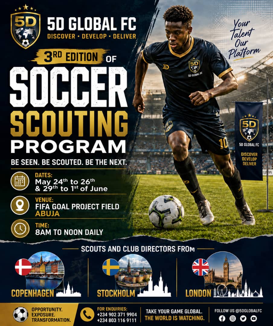 Cover image for 5D Global FC announces 3rd edition of soccer scouting programme in Abuja