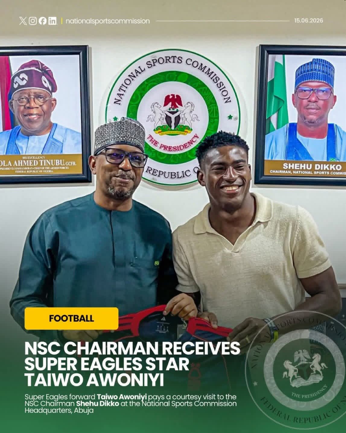 NSC boss, Dikko, pledges support for Awoniyi on planned investment in sports 