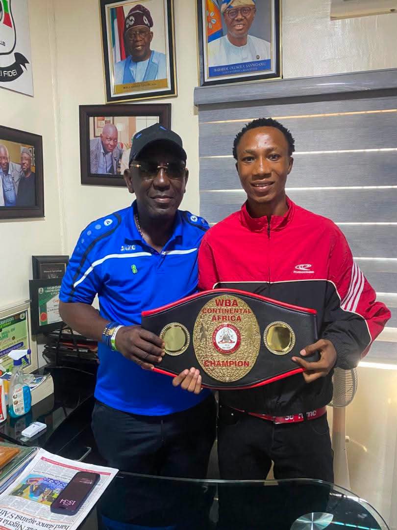 SSA Adeboye receives WBA champion, Yusuf Adeniji in his office